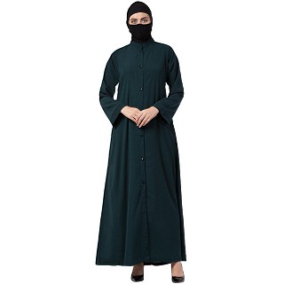 Front open abaya with mandarin collar- Bottle Green